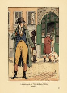رجل أنيق أمام مدخل Passage du Perron ، Palais Royal. يرتدي قبعة ، وربطة عنق ، ومعطف ، وصدرية ، وحذاء. The Perron of the Palais Royal ، باريس