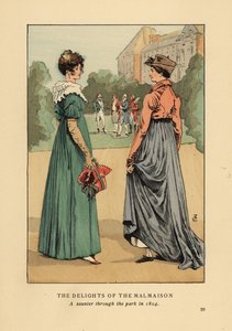 المرأة العصرية تتمتع بروائع شاتو دي مالميزون. نزهة عبر الحديقة في عام 1804. مطبوعة حجرية ملونة يدويًا بواسطة RV بعد رسم توضيحي من قبل فرانسوا كوربوين من أزياء أوكتاف أوزان في باريس ، ويليام هاينمان ، لندن بواسطة فرانسوا كوربوين