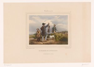 يُظهر الصياد صيادًا آخر أرنبه بالرصاص Le chasseur en jouissance (العنوان على الكائن) الصيادون بالبنادق (عنوان المسلسل) Chasses au Tir (عنوان المسلسل على الكائن) بواسطة هنري جنين