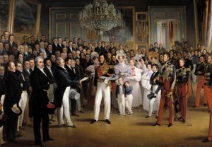 ثورة 1830: "" غرفة المندوبين تقدم لدوق أورليانز ، لويس فيليب الأول (1773-1850) ، الفعل الذي دعاه إلى العرش وميثاق 1830 ، في القصر الملكي ، في 7/08 / 1830 "" التفاصيل. لوحة فرانسوا جوزيف هايم (1787-18 بواسطة فرانسوا جوزيف هايم