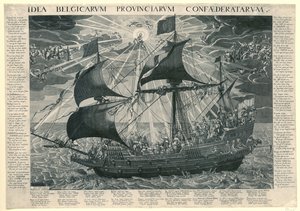 سفينة الدولة 1620 صورة رمزية لحالة البلد السعيدة بعد سينودس دوردريخت Idea Belgicarum Provinciarum Confaederatarum (العنوان على الكائن) بواسطة جاكوبوس أورلوج