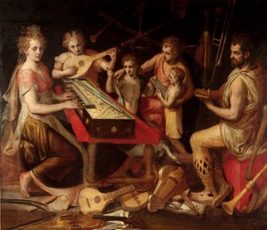 تحتوي شخصيات الموسيقى vetus على المحيط القديم للآلات الموسيقية التي تشكل قصة رمزية. لوحة لفرانس فلوريس (1515-1570) جينات القرن السادس عشر ، مجموعة خاصة