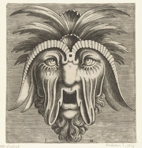 قناع بفم متدلي مفتوح بلا أسنان ، وخدود متدلية وعلامات على الرأس Pourtraicture العبقري de plusieurs facons de masques… (عنوان المسلسل)