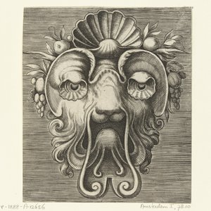 قناع بعيون على شكل صدفة وقشرة بين عناقيد الفاكهة على الجبهة Pourtraicture العبقري de plusieurs facons de masques… (عنوان المسلسل) بواسطة هانز ليفرينك (أنا)
