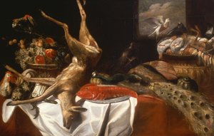 غزال وطيور ميتة ، جراد البحر في طبق ، سلة فواكه وخضروات (زيت)