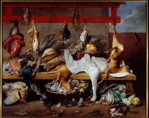 طاولة مطبخ بها لعبة وأسماك وبقوليات لوحة رسم فرانس سنايدرز (1579-1657) 1630 خافت. 2،73 × 3،40 م ليون ، متحف الفنون الجميلة