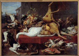 Still life with deer Game (pheasant, goose, deer), slice of fish, crab, legumes. painting by Frans Snyders (1579-1657)
