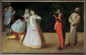 Commedia dell'arte: "" الفنانة الكوميدية إيزابيل أندرييني (1564-1602) مع جيلوسي في باريس "لوحة لفرانس فرانكن الأول ذا فو (1542-1616) القرن السادس عشر. باريس ، متحف كارنافالي