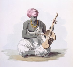 A Sarinda ، أو كمان من نوع Hindostan ، من "أزياء الهند" بواسطة E. Orme ، 1804 (النقش الملون)