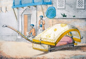 D&39;jehalledar ، أو نقل سرير مغطى بواجهة طويلة جدًا ، من "آداب وعادات وفسات الهندوس" ، 1799 (النقش الملون) بواسطة فرانز بالتازار سولفينز