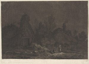 مشهد ضوء القمر مع شخصيات أمام كوخ XII Vues de la Normandie (عنوان السلسلة)