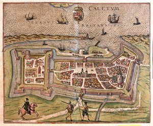 كاليه ، فرنسا: خضعت البوابة والحصن والمفتاح لفرنسا لسلطة الملك الإسباني فيليب عام 1597 (نقش) بواسطة فرانز هوجينبرغ