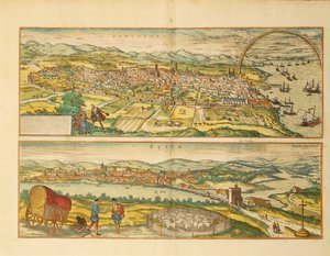 Map of Barcelona and Ecija from Civitates Orbis Terrarum by Georg Braun بواسطة فرانز هوجينبرغ
