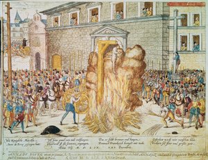 الحرب الدينية: إعدام القاضية البروتستانتية الفرنسية آن دو بورغ (1521-1559) في 23/12/1559 في بلاس دي غريف في باريس "