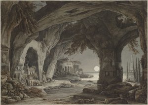 المناظر الطبيعية المثالية مع الكهف الصخري والمقابر والآثار في ضوء القمر ، ج. 1790.