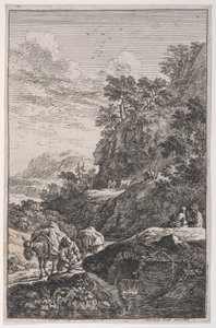اللوحة 1: فلاح يفحص حافر بغلته بواسطة جدول ، من 'مناظر طبيعية في تي ... ، كاليفورنيا. 1700-25.