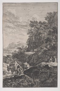 اللوحة 1: فلاح يفحص حافر بغلته بواسطة جدول ، من 'مناظر طبيعية في تي ... ، كاليفورنيا. 1700-25.