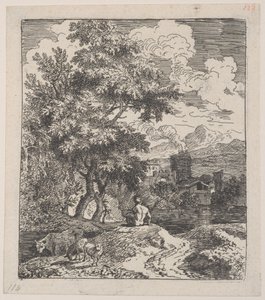 اللوحة 3: راعي جالس على تل ، وبقرة وشاتان على اليسار ، وبلدة في ري ... ، كاليفورنيا. 1700-25.
