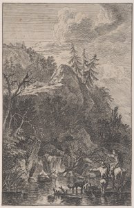 اللوحة 5: شخصية أنثوية على ظهور الخيل وشخصية ذكر مع كلب يقف في شارع ... ، كاليفورنيا. 1700-25.