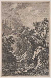 اللوحة 6: شخصان ذكران يقفان على صخرة إلى اليمين ، وشلال في المنتصف مع ... ، كاليفورنيا. 1700-25.