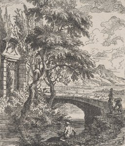 اللوحة 7: شخصان على اليمين على وشك عبور جسر حجري ، صياد في ... ، كاليفورنيا. 1700-25.