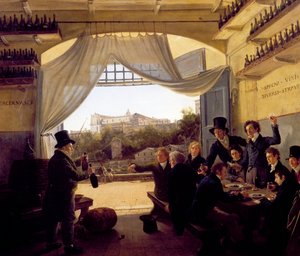 لويس الثاني دي بافيير يشرب مع أصدقائه في حانة النبيذ الإسباني في روما. 1824 (زيت على الخشب)