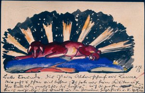 "خروف مذبح من لانا" ، فرانز مارك من Sindelsdorf إلى Gabriele Münter في ميونيخ: بطاقة بريدية ، ختم بريد 11 أبريل 1913 بواسطة فرانز مارك