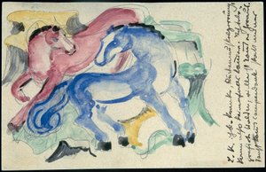 "الحصان الأحمر والأزرق" ، فرانز مارك من Sindelsdorf إلى Wassily Kandinsky في ميونيخ: بطاقة بريدية ، ختم بريد 5 أبريل 1913 بواسطة فرانز مارك