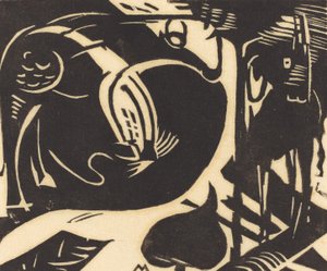 اثنين من الحيوانات الأسطورية (Zwei Fabeltiere) ، 1914 (قطع خشبية باللون الأسود على ورق اليابان) بواسطة فرانز مارك