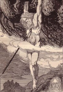 أودين معلق على شجرة العالم. رسم توضيحي لـ Edda: الآلهة والأبطال الجرمانيون بواسطة Hans von Wo