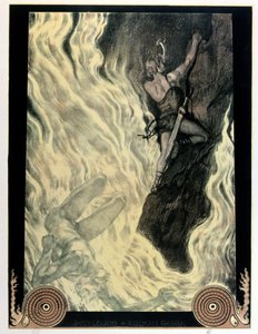 Siegfried و Locke ، رسم توضيحي لـ "The Ring of the Niebelungen" بقلم ريتشارد فاغنر (1813-1883) ، قبل عام 1914 (ليثو ملون)