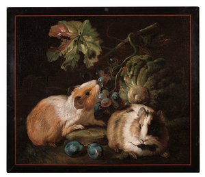 لوحة رومانية من الفسيفساء الصغيرة تصور خنازير غينيا تأكل الملفوف والعنب ، 1800-25 بواسطة فرانز ويرنر فون تام