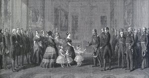 ملكة إنجلترا فيكتوريا (1819-1901) تستقبل لويس فيليب إير (لويس فيليب دورلينز ، 1773-1850) ، ملك فرنسا في قلعة وندسور ، 8 أكتوبر 1844. نقش بعد لوحة رسمها وينترهالتر