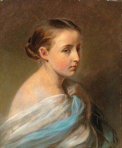 صورة لفتاة ، رأس وكتفين ، ملفوفة بغطاء أزرق وأبيض ، c.1850 بواسطة فرانز كزافييه وينترهالتر