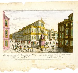 Vue d&39;Optique - The Destruction of the Royal Image Column zu Neu Yorc (منظر بصري - تدمير التمثال الملكي في نيويورك) ، ج. 1776 (حفر ونقش بألوان مائية متعددة الألوان على ورق مضلع)