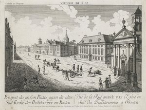Vue d&39;Optique - Prospect des grossen Plazes gegen der Alten Sud Kirche der Presbiterianer zu Boston (منظر بصري - منظر للمربعات الكبيرة باتجاه الكنيسة المشيخية الجنوبية القديمة في بوسطن) ، ج. 1776 (حفر ونقش ، غير ملون على ورق مضغوط)