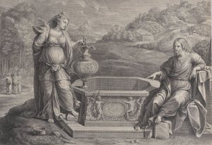 المسيح جالسًا إلى اليمين ، وامرأة السامرة التي تقف إلى اليسار ، ح. 1729. بواسطة فريديريك هورتيميلز
