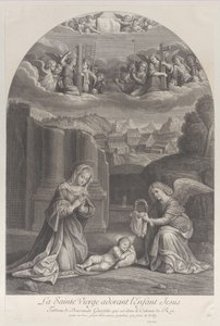 العذراء مريم تعشق الطفل المسيح ، ملاك يحمل إكليل الشوك إلى اليمين ، ... ، كاليفورنيا. 1729. بواسطة فريديريك هورتيميلز