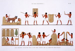 نقل وتخزين وتسجيل مخازن الحبوب ، من سجل نادر من اللوحات الجدارية من طيبة ، سجلت 1819-1822 في زيارته الثانية لمصر بواسطة فريدريك كايود (1787-1869) ، لون ليثو