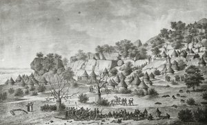 منظر لقرية تقع شمال أغادي في أراضي شعب البيرتات، من منظور جنوبي، من "رحلة إلى مروي: أو فلوف بلانك أو ديلا دي فازوقلدان لو ميدي دو روياوم دي سنار آ سيواه،" طبعة صنعها جي إنغلمان، نُشرت عام 1827 (مطبوعة حجرية) بواسطة فريدريك (بعد) كايود