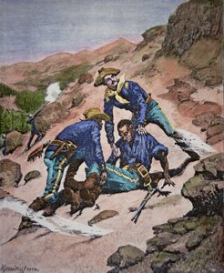 The Rescue of Corporal Scott during the Geronimo campaign of 1886 (coloured engraving)