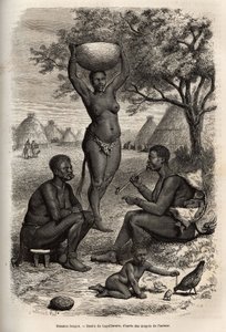 أنواع وأنشطة نساء بونغوس (السودان الأوسط) ، بزخارفهن المعدنية وأجراسهن ودبابيسهن التي يضعنها على آذانهن وشفاههن ، نقش بعد الرسم الذي رسمته لاغيليرمي ، يوضح الرحلة إلى قلب إفريقيا في 1868-1871 ، للدكتور د. . جورج