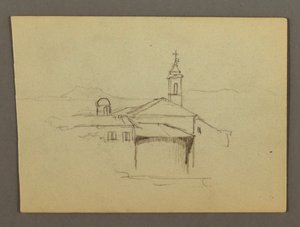 رسم، برج الكنيسة المجاور للمباني، ربما 1868-1868-69 بواسطة كنيسة فريدريك إدوين