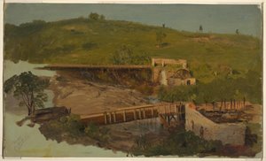 رسم، تل مع جسور ومطاحن خربة، بالقرب من كاتسكيل، نيويورك، حوالي 1865 بواسطة كنيسة فريدريك إدوين