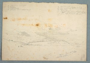 رسم، منظر طبيعي في وادي هدسون؛ القفا: رسم تخطيطي لكنيسة ذات بلاطات شجرية، 14 يونيو 1870 بواسطة كنيسة فريدريك إدوين