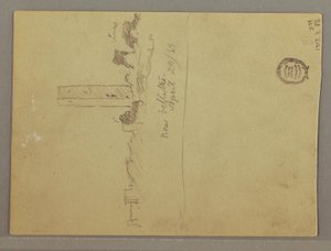 رسم، اسكتشات من إيطاليا: مبنى به برج وجبل وإنسان، 29 أبريل 1869 بواسطة كنيسة فريدريك إدوين