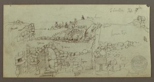 رسم، مبنى حجري، رجال متجمعون على السطح، 17 فبراير، ربما عام 1868 بواسطة كنيسة فريدريك إدوين