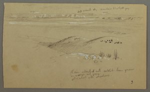 رسم، منظر عبر التلال والسهل باتجاه الجبال، وادي اليمن، فبراير 1868 بواسطة كنيسة فريدريك إدوين