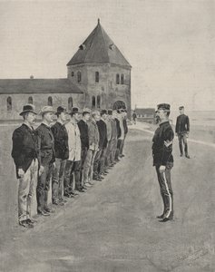 أول درس في فن الحرب. مجندون لفوجي المدفعية الإضافيين في Fort Slocum ، Davids Island ، Long Island Sound بواسطة فريدريك ريمنجتون