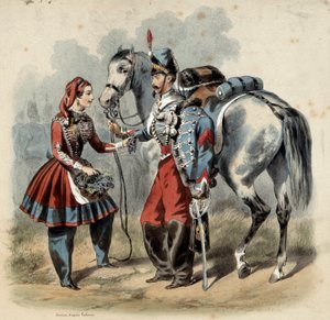 The French army and its cantinieres: Hussard and cantiniere de troupe de line. Engraving by Frederic Sorrieu (1807 -? ) بواسطة فريدريك سوريو